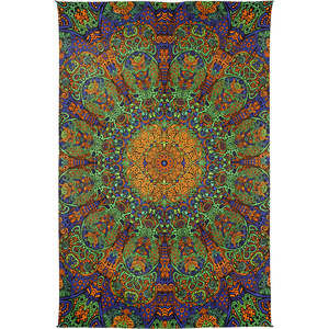 3D Psychedelic Green & Gold Sunburst Tapestry by Sunshine Joy